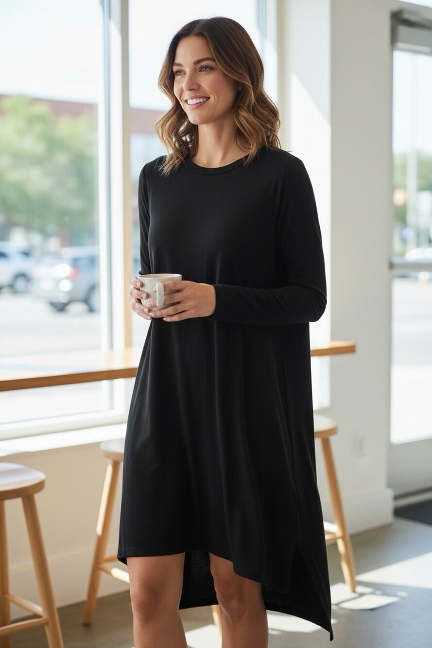 Eileen Fisher Size L Stretch Jersey Knit Shift Dress Long Sleeve Black Viscose